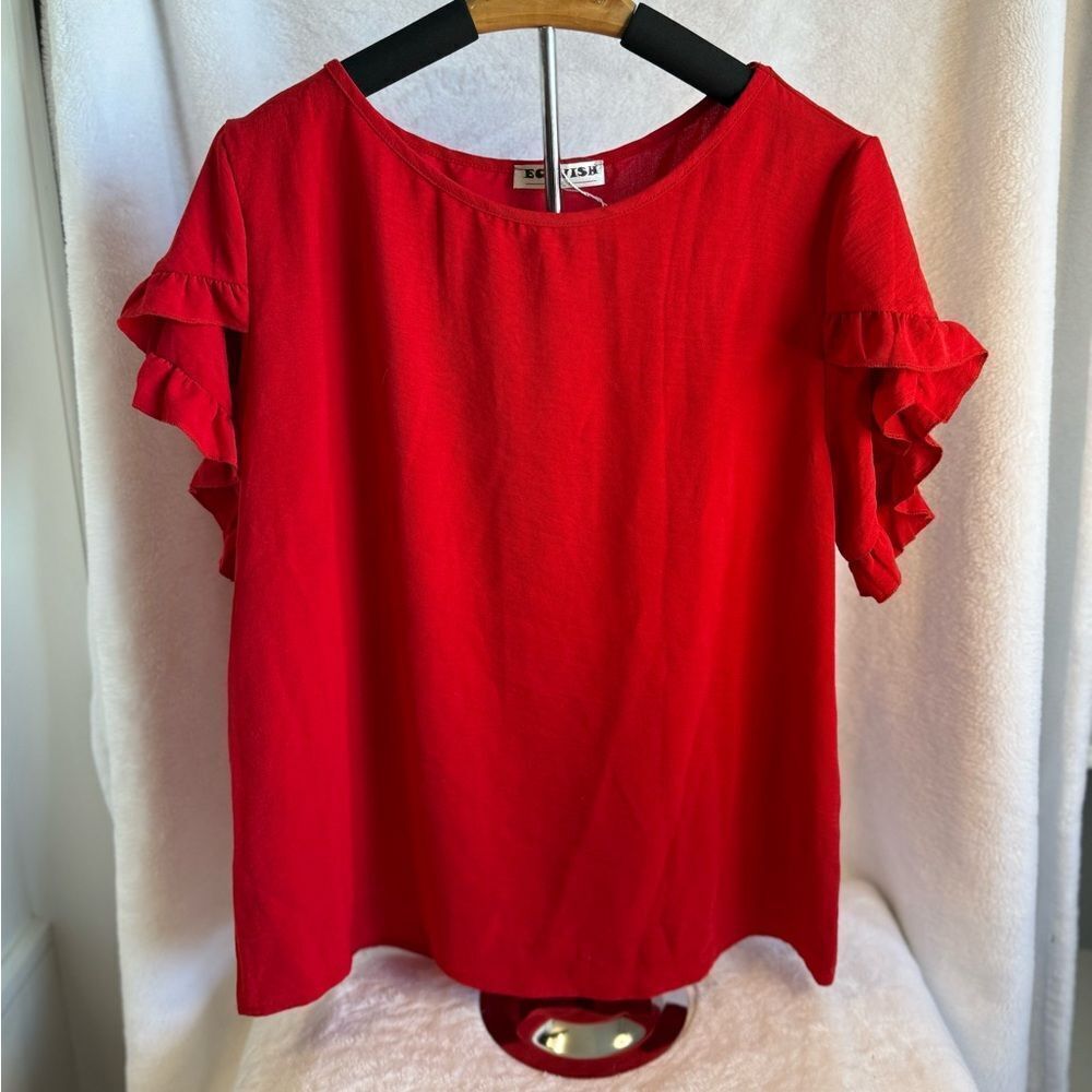 Red Ruffled Flutter Sleeve Blouse